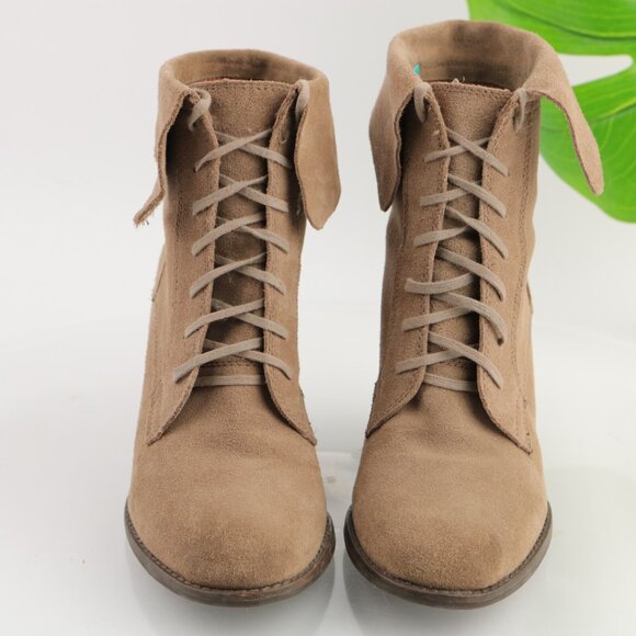 Lucky Brand Womens Yuzu Boot Size 9 Tan Suede Lace Up Bootie Wedge Heel Medieval - Picture 2 of 12
